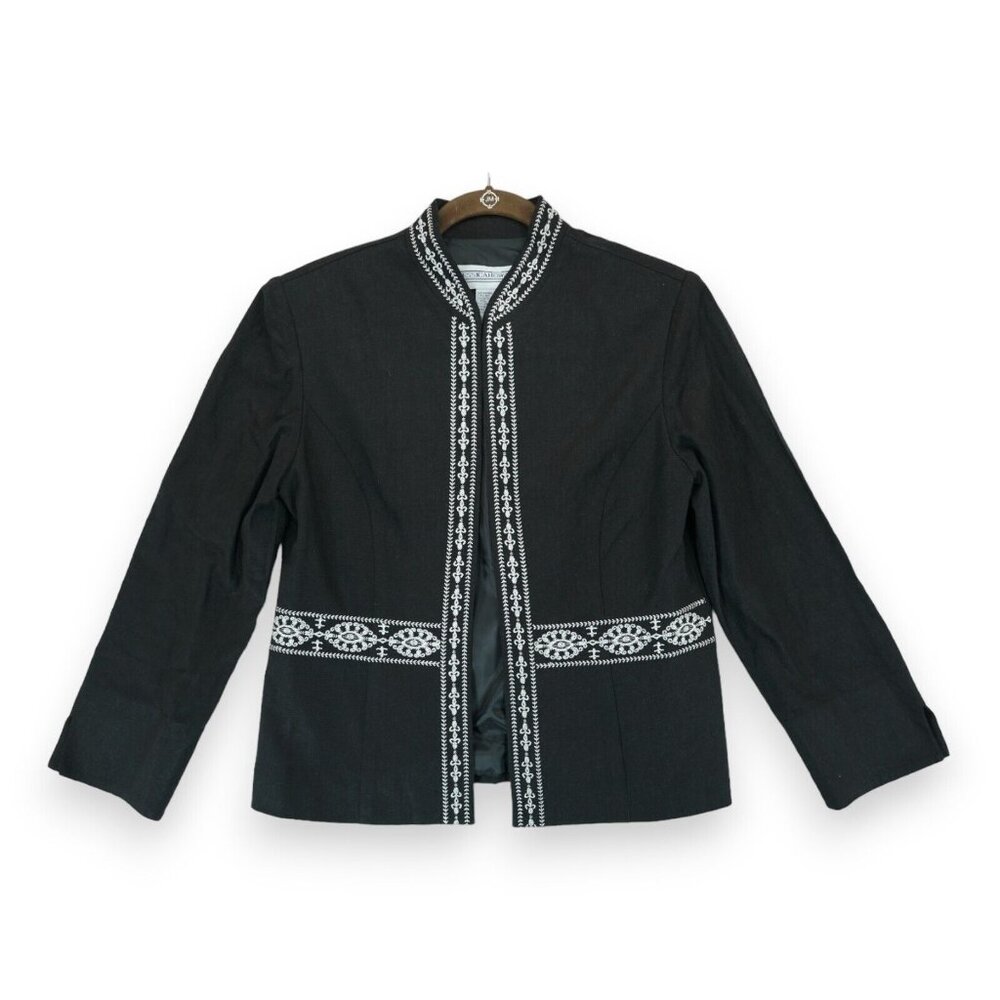 Jessica Howard Open Front Embroidered Blazer Size 10 Floral‎ Pattern ~ Black
